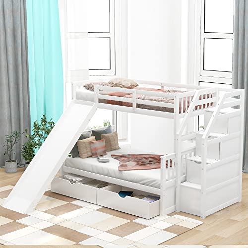 Twin Over Full Bunk Bed with Slide and Stairs for Kids I642