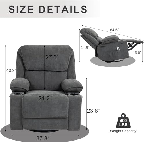 Massage Recliner Chair with Heat, Swivel Rocking, Cup Holders L468