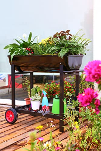 Metal Raised Planter Box on Wheels with Gardening Kit, Mobile Garden Bed Cart with Legs W630963