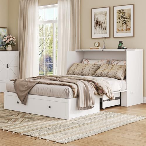 Murphy Bed with Storage & Charging Station, Foldable Panel, Distressed White C449393