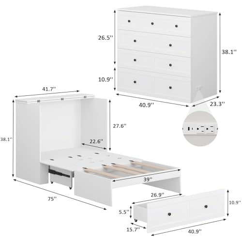 Murphy Bed with Storage & Charging Station, Foldable Panel, Distressed White C449393
