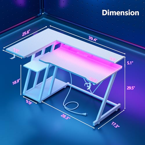 L Shaped Gaming Desk with Power Outlet and LED Lights Y52619