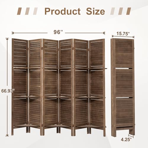 6 Panel Wooden Room Divider with Shelves P850285