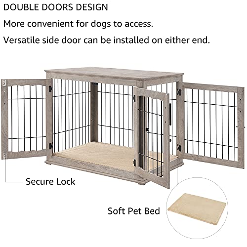 Wooden Dog Crate End Table with Double Doors and Pet Bed E595686