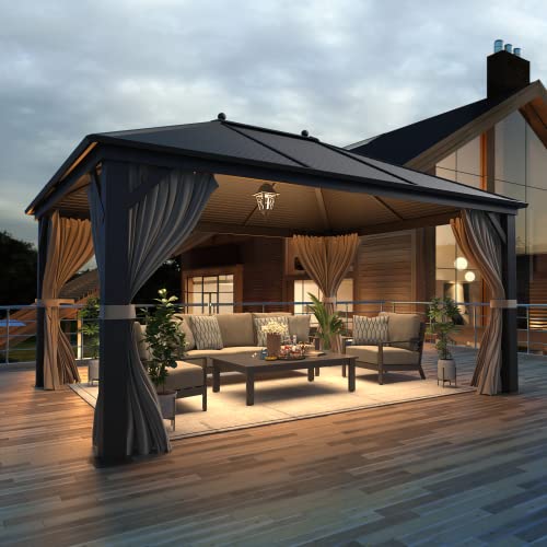 12x20 ft Hardtop Gazebo Double Roof Galvanized Steel Canopy Outdoor Aluminum Frame with Netting and Curtains X191579