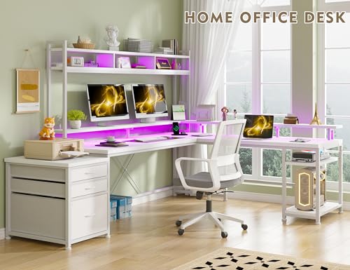 Large L Shaped Gaming Desk with Hutch and Drawers, 64" Reversible Computer Desk with Storage Shelves, Monitor Stand and LED Light for Home Office, Power Outlets, White V6783