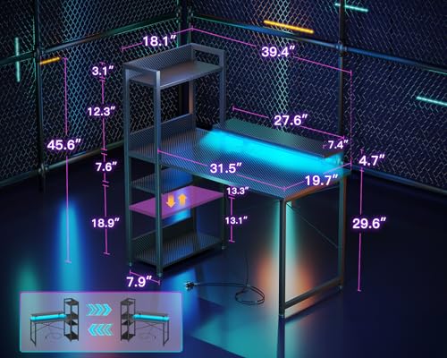 Reversible Gaming Desk with USB Charging Port and LED Lights, 40 Inch Computer Desk with Storage Shelves M571