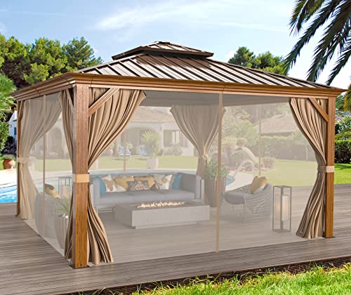 12x16 ft Hardtop Gazebo with Double Roof, Curtains and Netting T94173