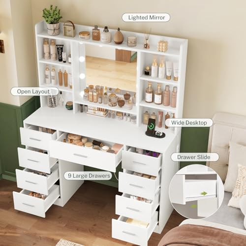 Vanity Desk with Mirror and Lights, 9 Drawers, 6 Open Shelves, Adjustable Brightness, White J50562