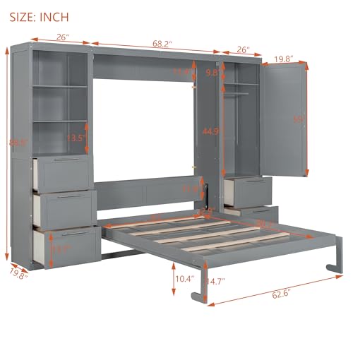 Murphy Bed Queen Size with Built-in Shelves, Storage Drawers and Wardrobe, Grey A491