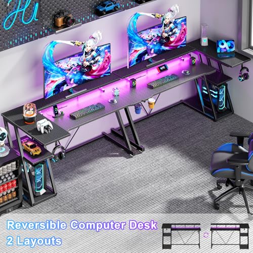 L Shaped Gaming Desk with Power Outlet and LED Lights Y52619