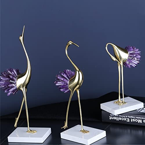 Gold Crane Bird Statue with Crystal Tail Accents, Brass Figurine for Home Decor E1797