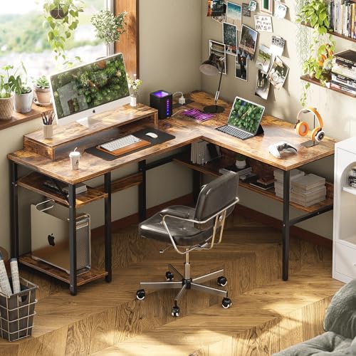 Reversible L Shaped Desk with Power Outlets and LED Light, Corner Computer Desk with Monitor Stand and Storage Shelves, Black A318171