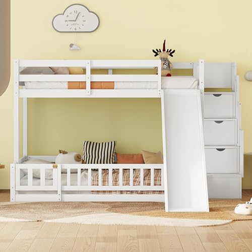 Twin Over Full Size Wooden Bunk Bed with Slide and Storage Stairs N394