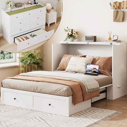 Murphy Bed with Storage & Charging Station, Foldable Panel, Distressed White C449393